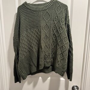 Time and Tru Olive Cable & Patchwork Crewneck Sweater